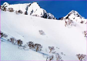 不帰の険と雪斜面