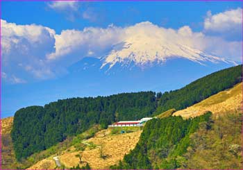 牧場の富士雲に隠れて