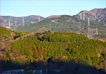 送電線伸びる山